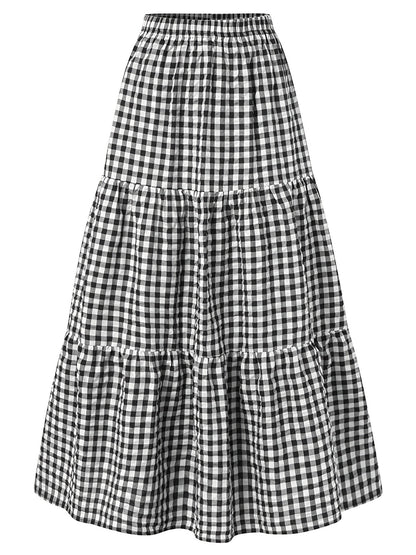 Plus Size Gingham Print Layered High Rise Maxi Skirt, Women's Plus Preppy Casual Long Skirt