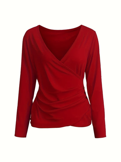 Ruched Button Decor Surplice Neck T-Shirt, Casual Long Sleeve Top For Spring & Fall, Women's Clothing