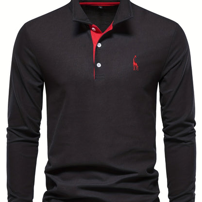 gbolsos  Men's Solid Giraffe Embroidery Long Sleeve Tennis Shirts, Slight Stretch All-match Fashion Men's Top