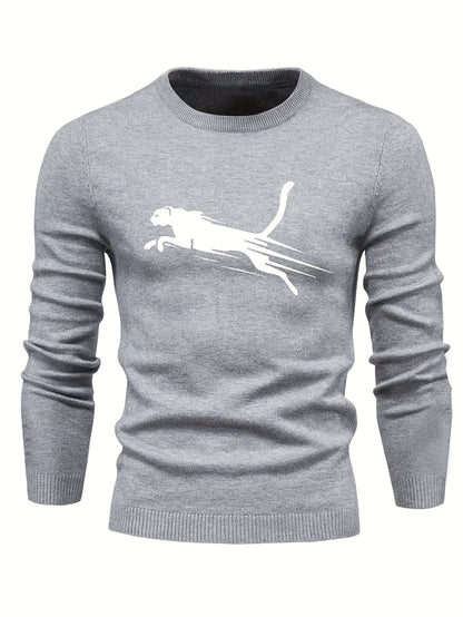 gbolsos  All Match Knitted Sweater, Leopard Pattern Men's Casual Warm Mid Stretch Crew Neck Pullover Sweater For Men Fall Winter