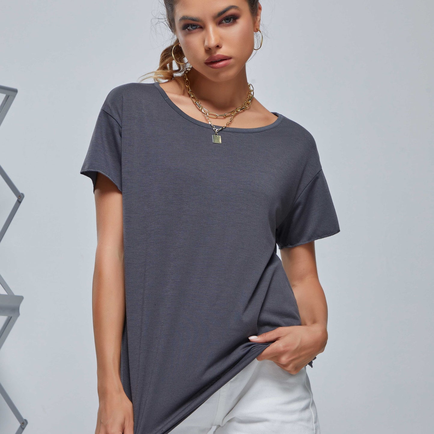 gbolsos  Solid Color Loose Short Sleeve T-shirt, Sports Fitness Yoga Running Top, Women's Activewear