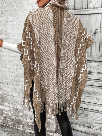 gbolsos  Open Front Pom & Fringe Hem Cardigan, Cape Sleeve Cardigan For Spring & Fall, Women's Clothing