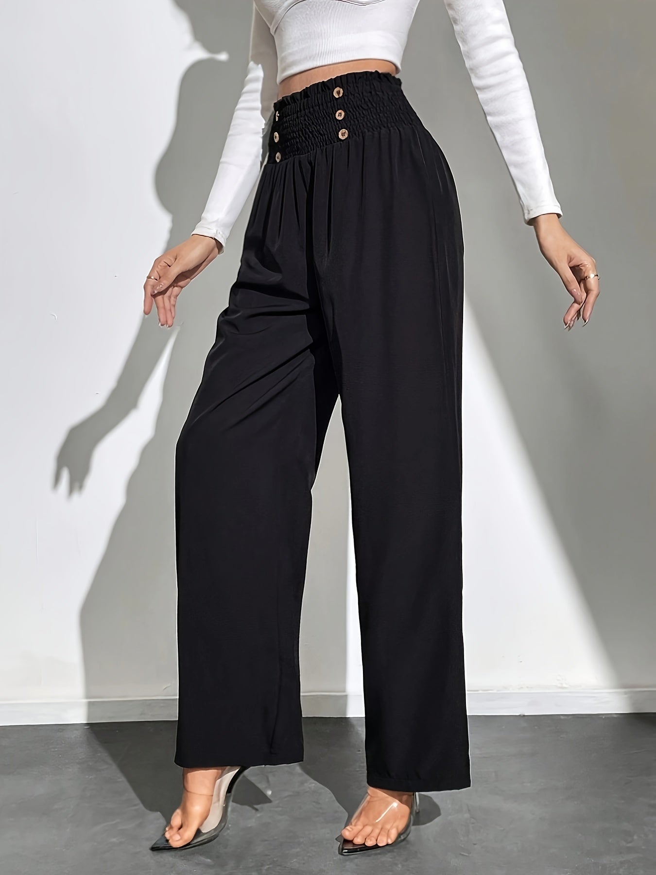 gbolsos  Button Decor Straight Leg Pants, Casual Solid Color High Waist Loose Pants, Women's Clothing