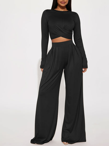 gbolsos  Casual Solid Two-piece Set, Twist Front Tied Crop Top & Wide Leg Pants Outfits, Women's Clothing