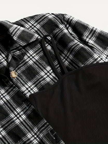 Casual Simple Two-piece Set, Plaid Print Button Front Tops & Solid Spaghetti Strap Dress Outfits, Women's Clothing