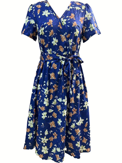 gbolsos  Floral Print V Neck Dress, Elegant Knot Pleated Short Sleeve Dress, Women's Clothing