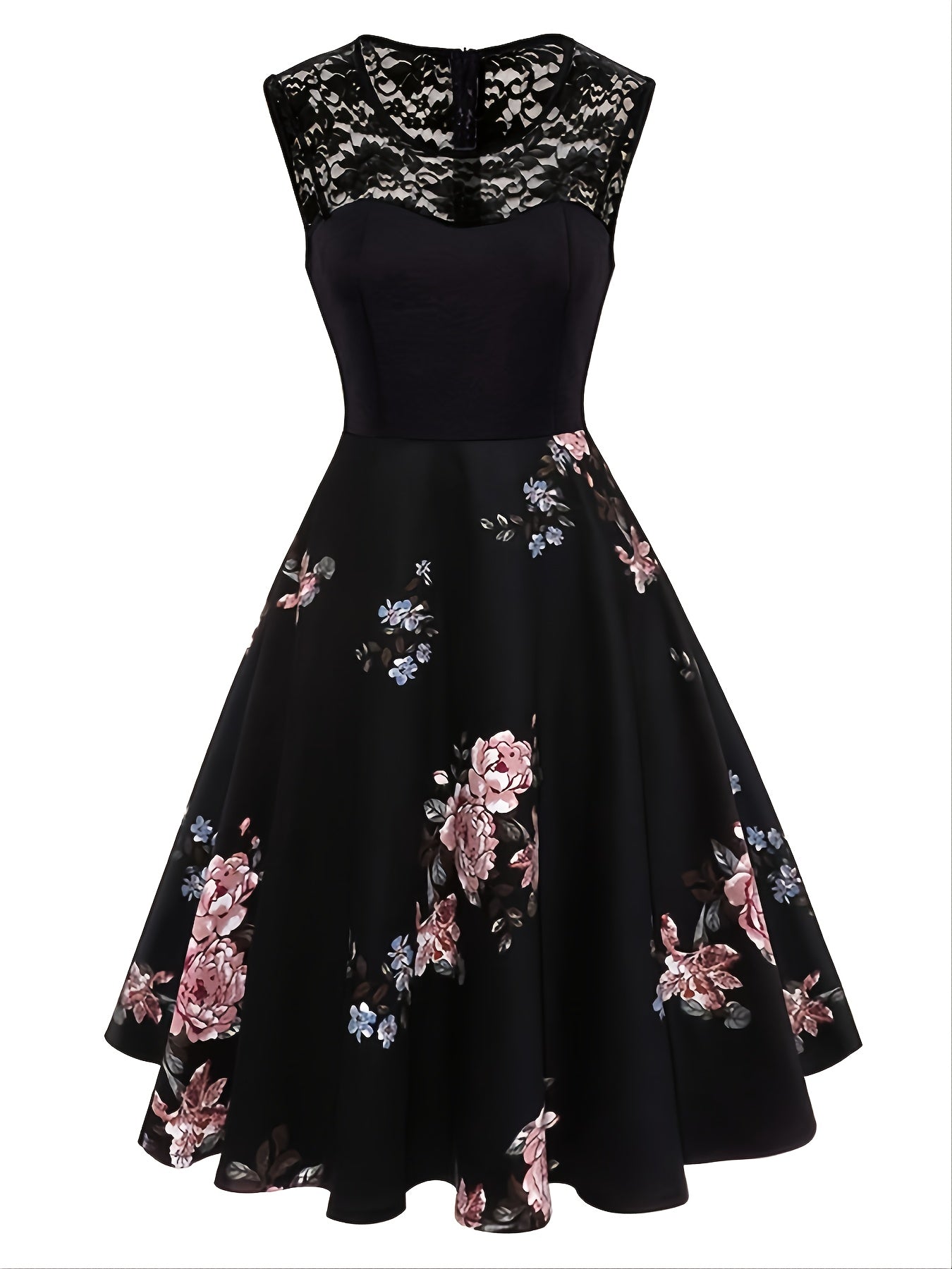 2025 gbolsos  Women's Dresses Contrast Lace Vintage Dark Peony Print Sleeveless Dress