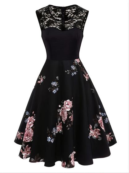 2025 gbolsos  Women's Dresses Contrast Lace Vintage Dark Peony Print Sleeveless Dress