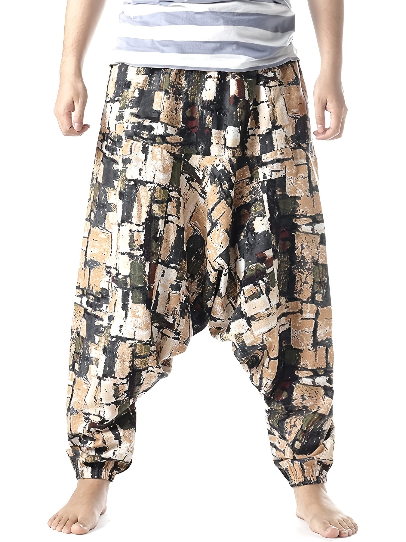 gbolsos Ethnic Pattern Vintage Cotton Harem Pants, Men's Casual Drop Crotch Jogging Harem Pants For Spring Summer