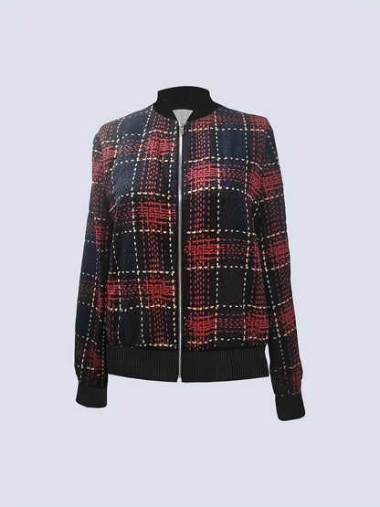 gbolsos  Plaid Pattern Bomber Jacket, Casual Zip Up Long Sleeve Outerwear, Women's Clothing