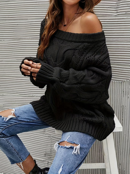 gbolsos  Off Shoulder Cable Knit Sweater, Casual Long Sleeve Sweater For Fall & Winter, Women's Clothing