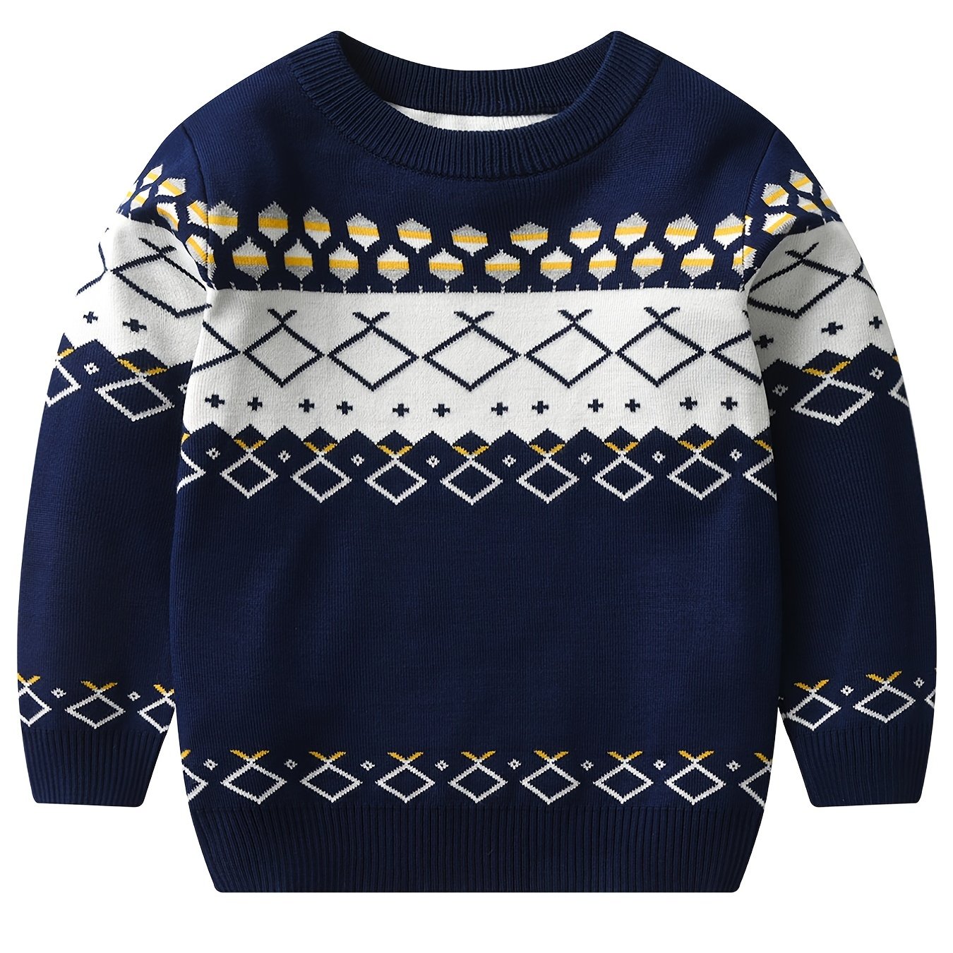 Boys Stylish Geometric Sweater Round Neck Long Sleeve Stretch Warm Knit Pullover Top Kids Clothes Outdoor