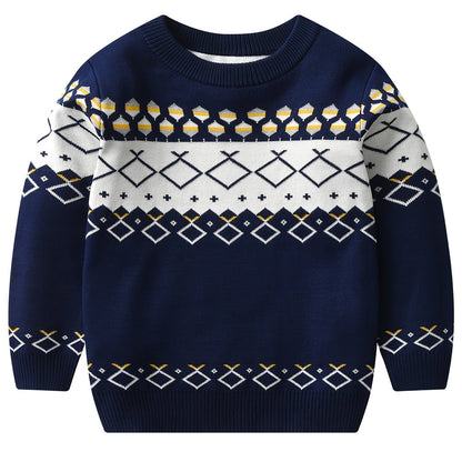 Boys Stylish Geometric Sweater Round Neck Long Sleeve Stretch Warm Knit Pullover Top Kids Clothes Outdoor