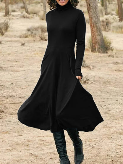 gbolsos  High Neck Solid Midi Dress, Elegant Long Sleeve Daily Dress, Women's Clothing