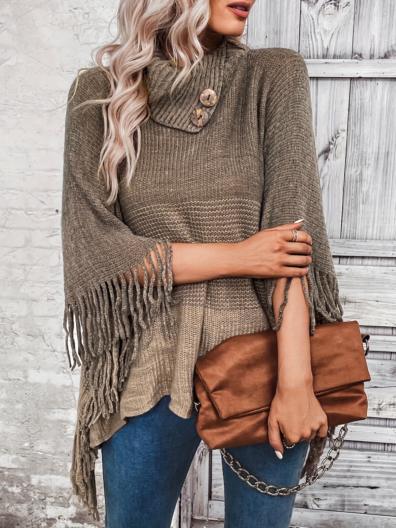 Color Block Tassel Trim Cape Sweater, Casual Asymmetrical Collar Button Sweater, Women's Clothing