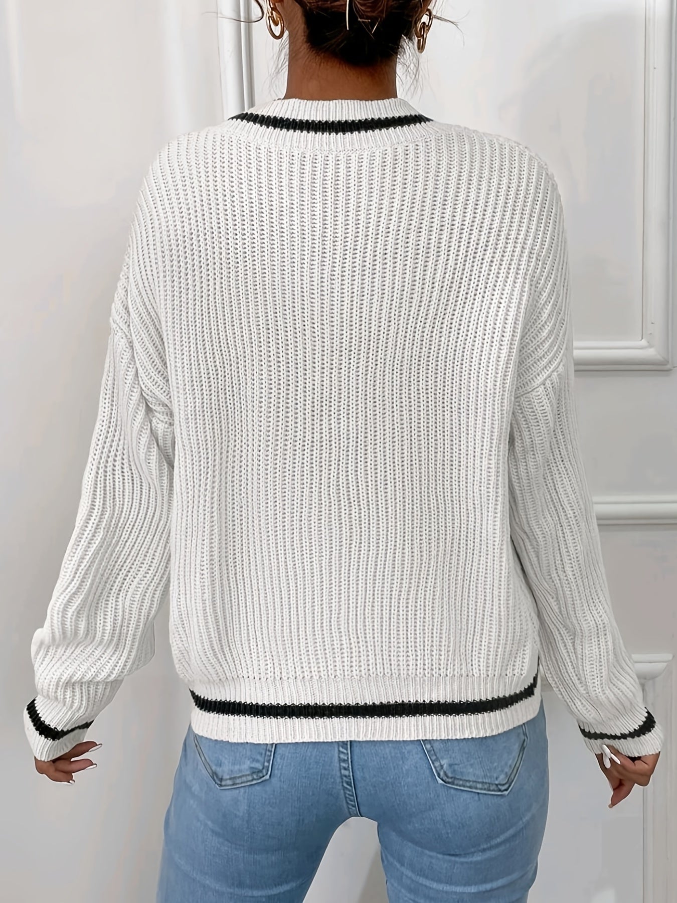 Striped Print Knit Sweater, Casual V Neck Long Sleeve Sweater, Women's Clothing