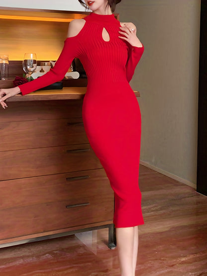 gbolsos  Cold Shoulder Keyhole Dress, Elegant Solid Long Sleeve Midi Dress, Women's Clothing