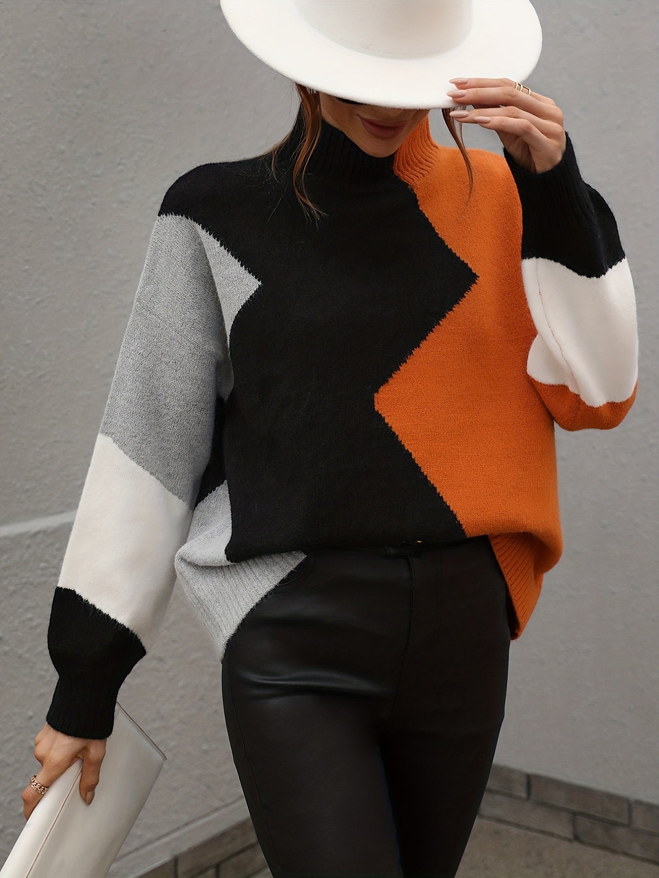 gbolsos  Color Block Turtle Neck Sweater, Casual Long Sleeve Sweater For Fall & Winter, Women's Clothing