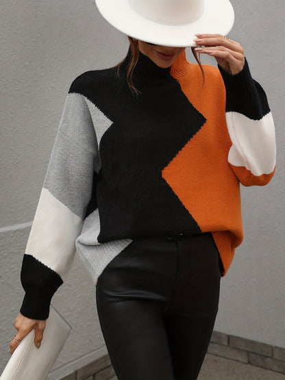 gbolsos  Color Block Turtle Neck Sweater, Casual Long Sleeve Sweater For Fall & Winter, Women's Clothing