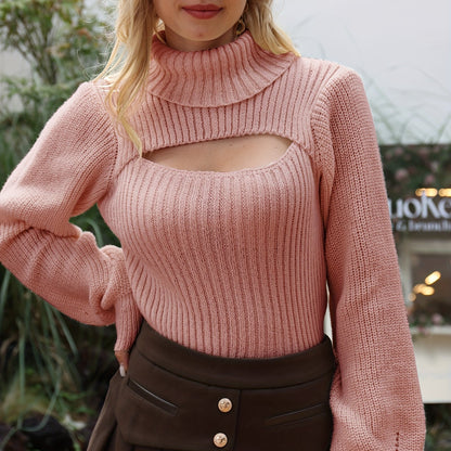 gbolsos  Sexy High Neck Sweater, Long Sleeve Sexy Cut Out Casual Sweater For Spring & Fall, Women's Clothing