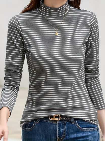 gbolsos  Striped Mock Neck T-shirt, Casual Long Sleeve Top For Spring & Fall, Women's Clothing