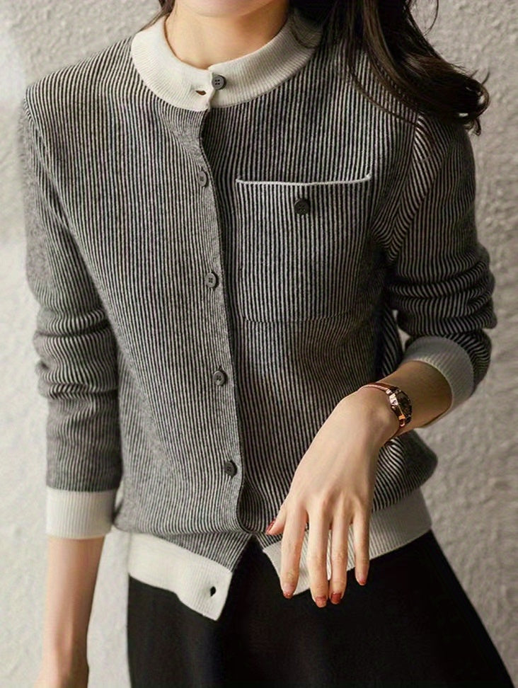 gbolsos Striped Button Up Knit Cardigan, Vintage Long Sleeve Crew Neck Sweater With Pocket, Women's Clothing