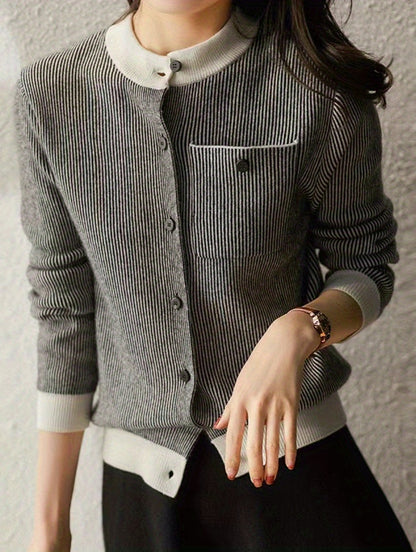 gbolsos Striped Button Up Knit Cardigan, Vintage Long Sleeve Crew Neck Sweater With Pocket, Women's Clothing