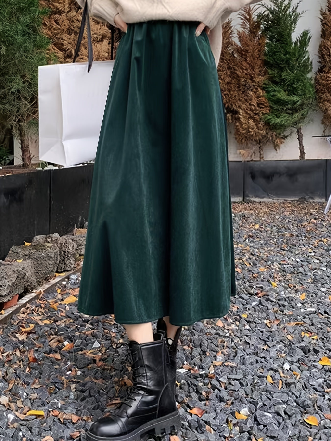 gbolsos  Plus Size Casual Skirt, Women's Plus Solid Elastic High Rise Swing Maxi Skirt With Pockets