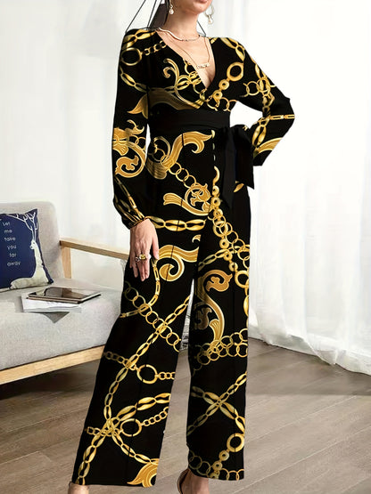 gbolsos  Chain Print Belted Wide Leg Jumpsuit, Elegant Deep V Neck Long Sleeve Jumpsuit For Spring & Fall, Women's Clothing