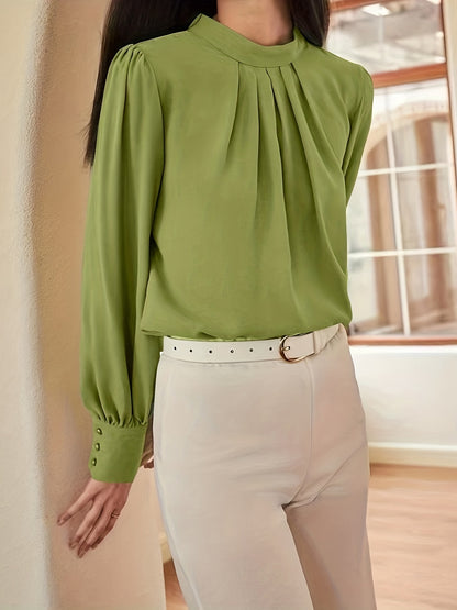 Cuff Sleeve Crew Neck Blouse, Elegant Solid Tucked Blouse For Spring & Summer, Women's Clothing
