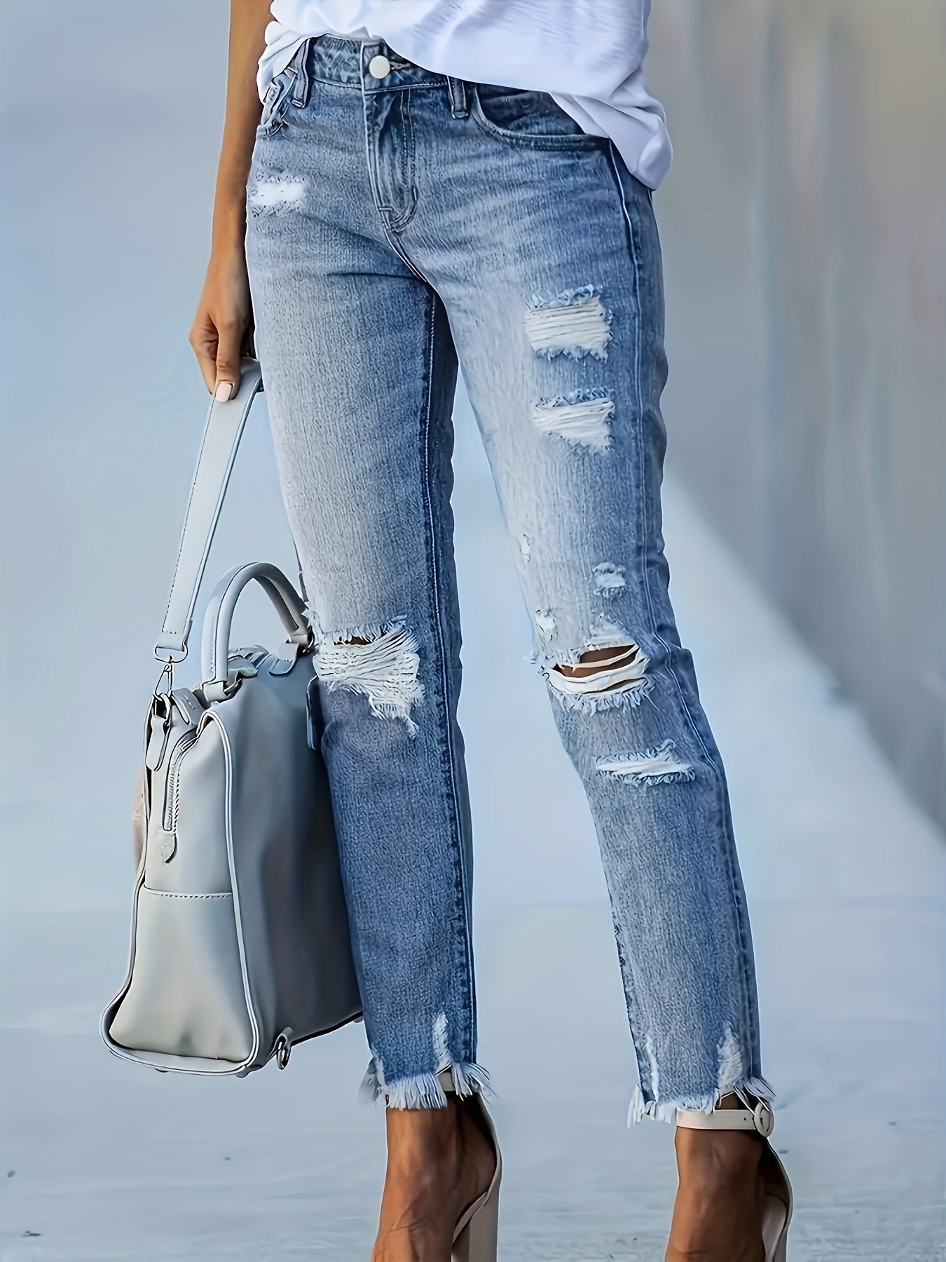 gbolsos  Ripped Holes Casual Straight Jeans, Raw Hem Slant Pockets Washed Denim Pants, Women's Denim Jeans & Clothing