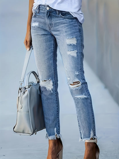gbolsos  Ripped Holes Casual Straight Jeans, Raw Hem Slant Pockets Washed Denim Pants, Women's Denim Jeans & Clothing