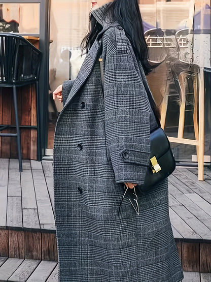 Plaid Button Front Pea Coat, Casual Lapel Long Sleeve Fall & Winter Outerwear, Women's Clothing