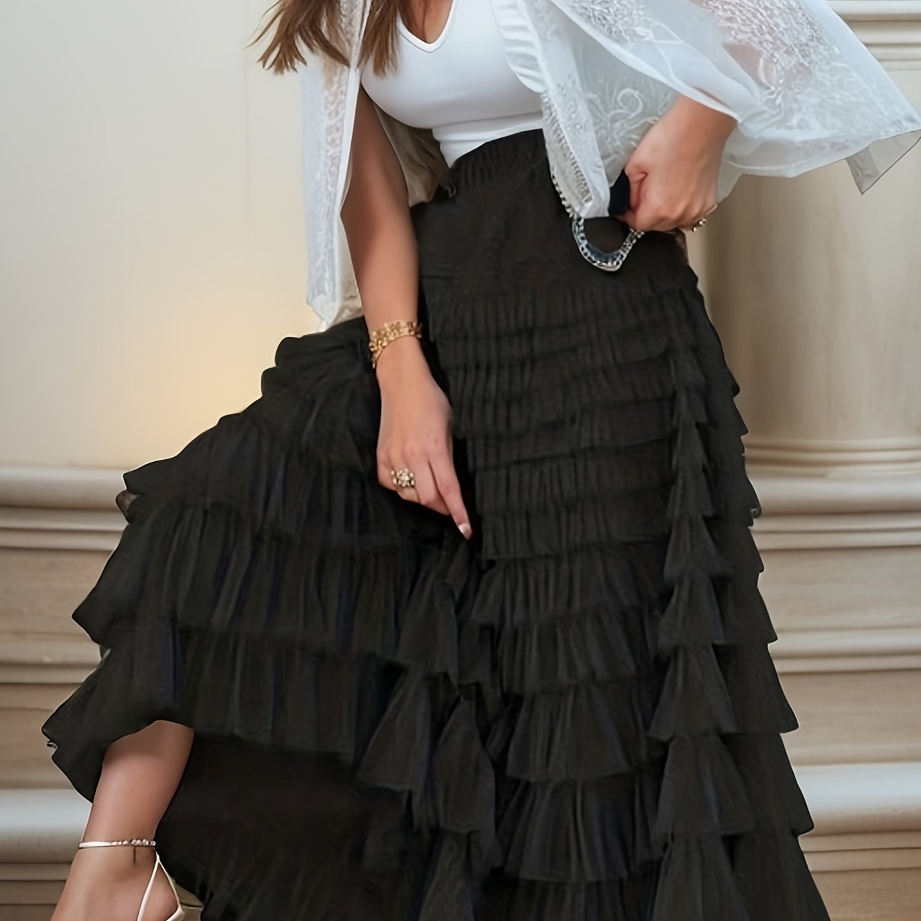 Multilayer Ruffles Tulle Skirt, Casual Fluffy Skirt For Spring & Summer, Women's Clothing