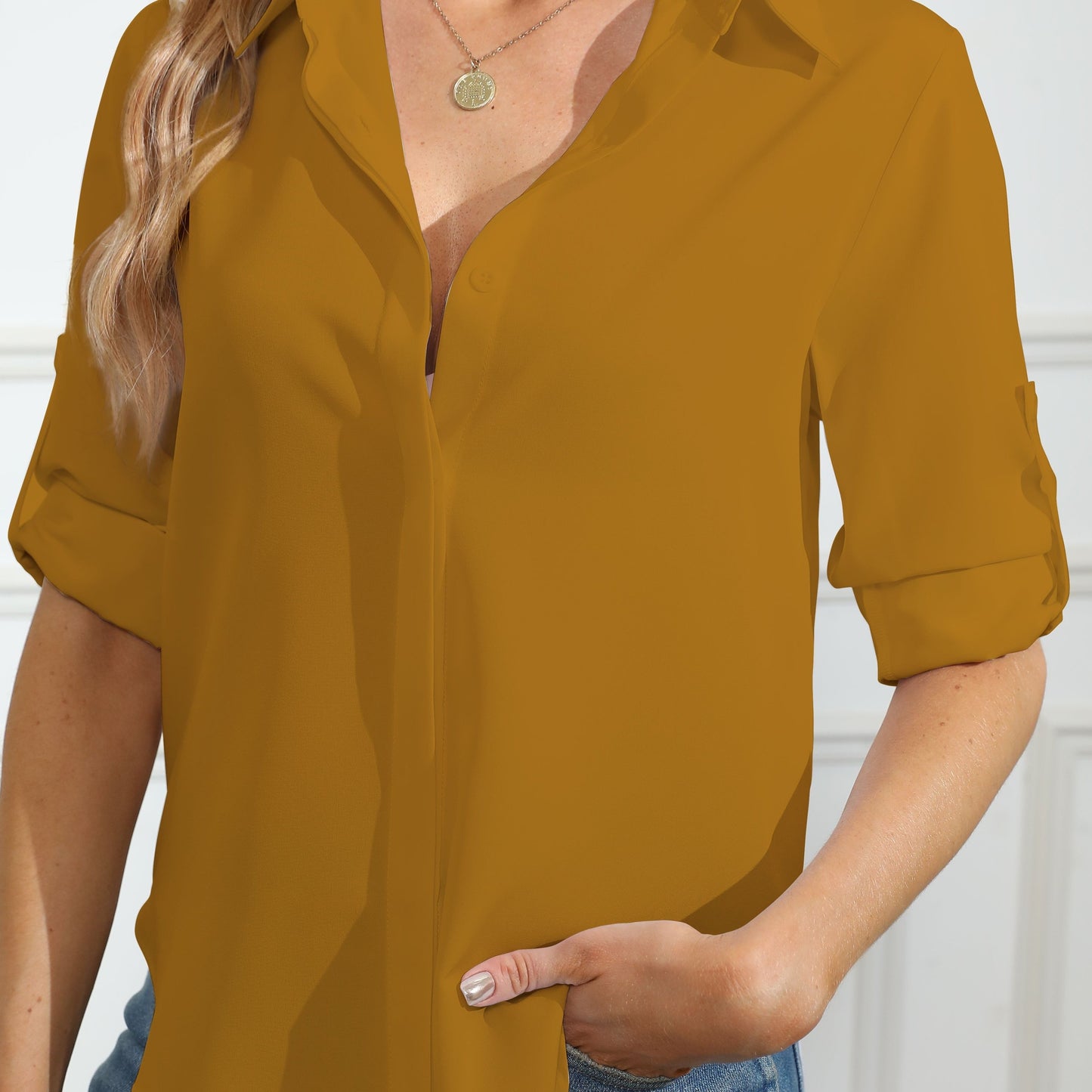 Solid Simple Button Front Shirt, Casual Turn Down Collar Long Sleeve Shirt, Women's Clothing