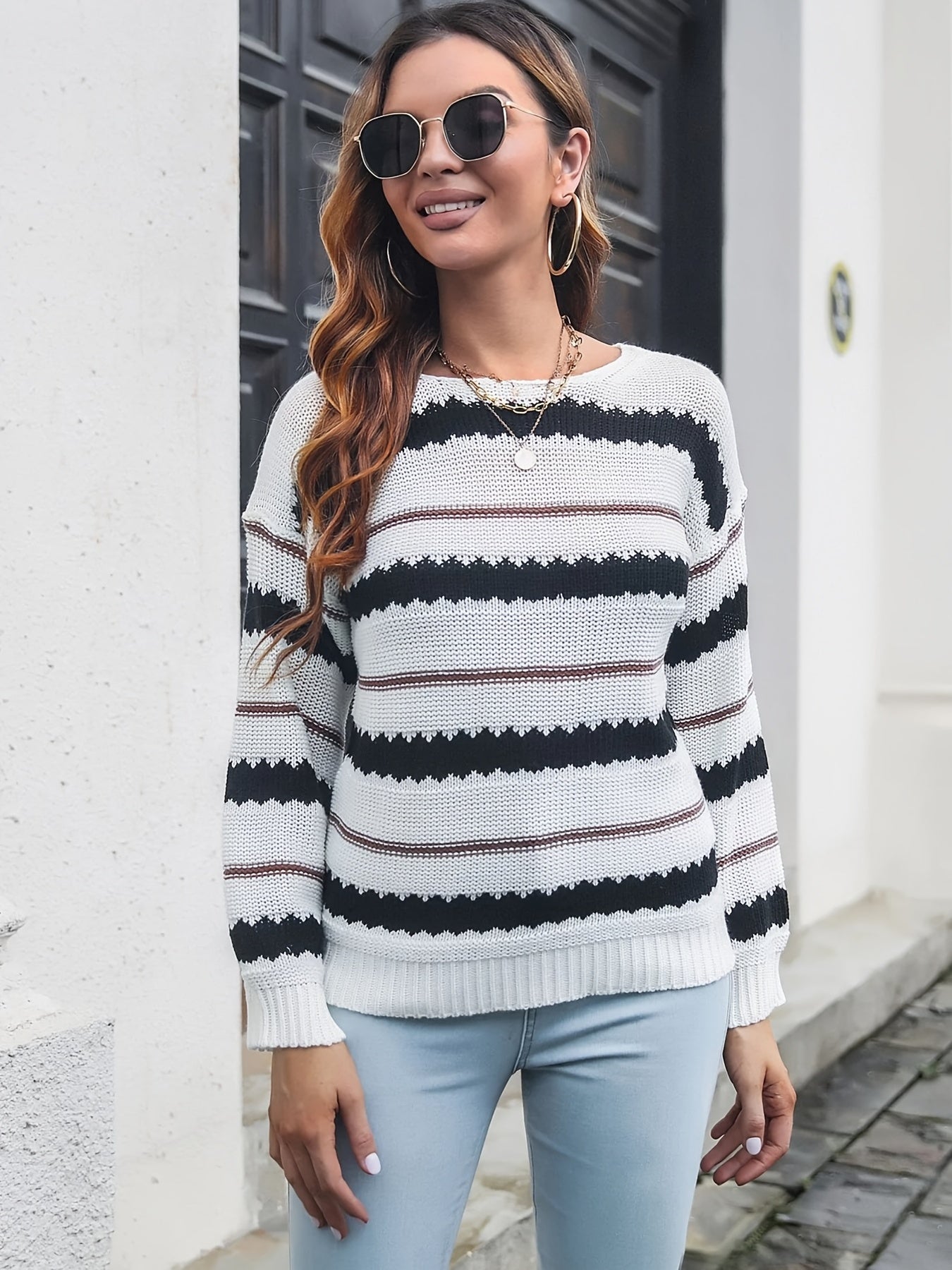 2025 gbolsos  Striped Drop Shoulder Pullover Sweater, Casual Loose Crew Neck Knitted Top For Fall & Winter, Women's Clothing