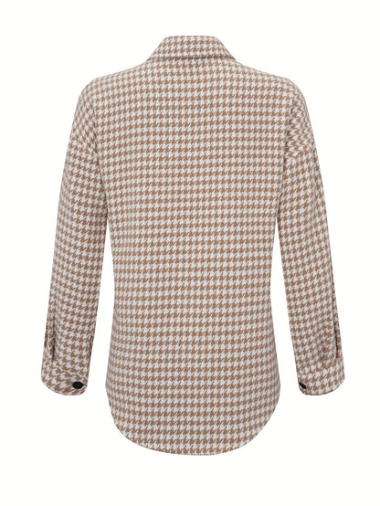 gbolsos  Houndstooth Print Shacket Jacket, Casual Button Front Long Sleeve Outerwear, Women's Clothing