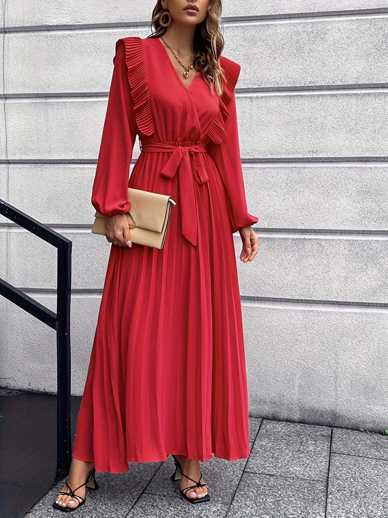 Ruffle Trim Pleated Dress, Casual V Neck Long Sleeve Solid Dress, Women's Clothing