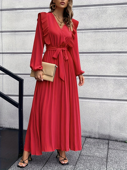 Ruffle Trim Pleated Dress, Casual V Neck Long Sleeve Solid Dress, Women's Clothing