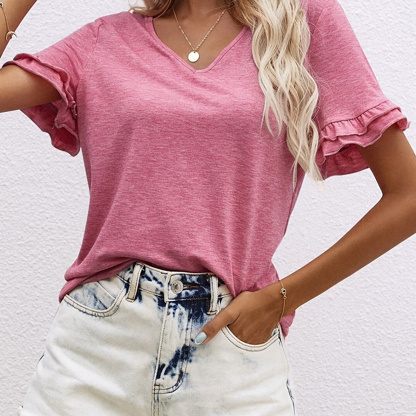 2025 gbolsos  Ruffle Hem V Neck T-Shirt, Casual Short Sleeve T-Shirt For Spring & Summer, Women's Clothing