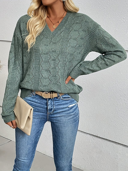 gbolsos  Eyelet V Neck Pullover Sweater, Casual Long Sleeve Sweater For Fall & Winter, Women's Clothing