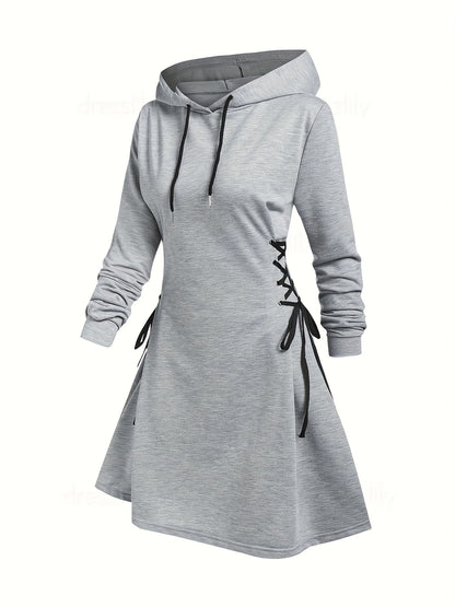Drawstring Lace Up Hooded Dress, Casual Long Sleeve Solid Dress, Women's Clothing