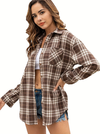 gbolsos  Plaid Button Front Pocket Shirt, Casual Long Sleeve Shirt For Spring & Fall, Women's Clothing