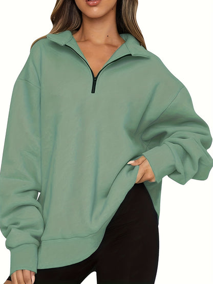 gbolsos  Quarter Zip Lapel Neck Sweatshirt, Casual Sporty Long Sleeve Sweatshirt For Fall & Winter, Women's Clothing