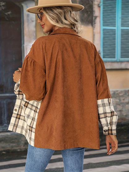 Plaid Pattern Splicing Jacket, Casual Button Front Long Sleeve Outerwear, Women's Clothing