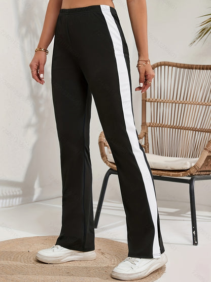 Striped Print Pants, Casual Color Block Split High Waist Wide Leg Pants, Women's Clothing