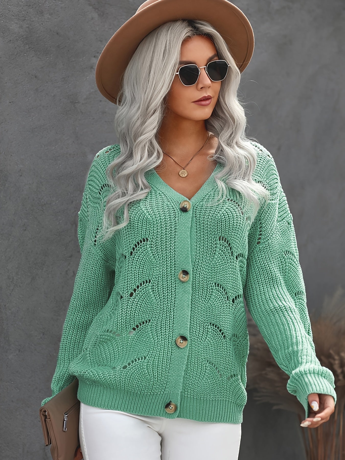 2025 gbolsos  Hollow Out Button Down Knit Cardigan, Casual V-Neck Long Sleeve Fall Winter Sweater Coat, Women's Clothing