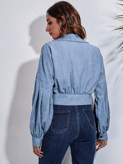 gbolsos  Casual Corduroy Crop Jacket, Lapel Lantern Long Sleeve Fashion Loose Crop Outerwear, Women's Clothing