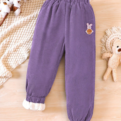 gbolsos  Toddler Girls Fleece Lined Corduroy Jogger Pants Cute Bear Embroidery Elastic Waist For Winter