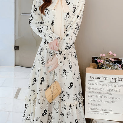 gbolsos  Floral Print High Waist Dress, Elegant Long Sleeve Ruched Maxi Dress, Women's Clothing